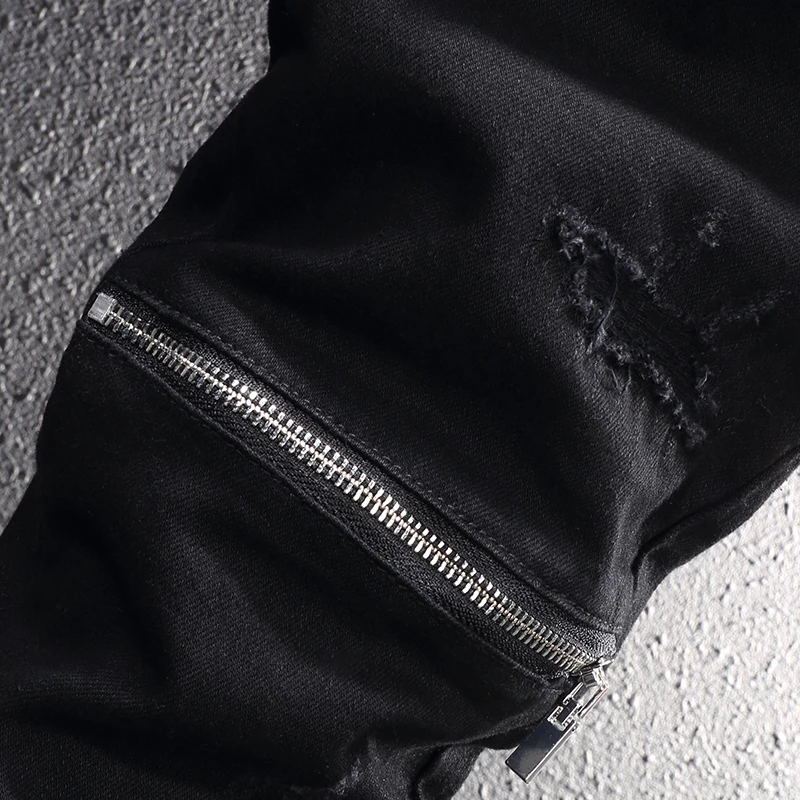 High Street Fashion Men Jeans Black Elastic Stretch Skinny Ripped Jeans Zipper Designer Hip Hop Pencil Pants Men Punk Trousers