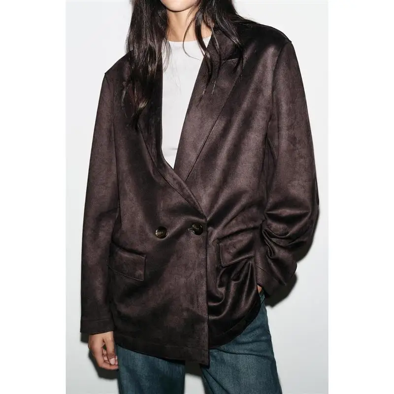 

Повседневный свободный модный костюм из искусственной замши с эффектом джета, женский длинный све, с воротником обычной длины, чистый цвет, подходит для поездок на работу