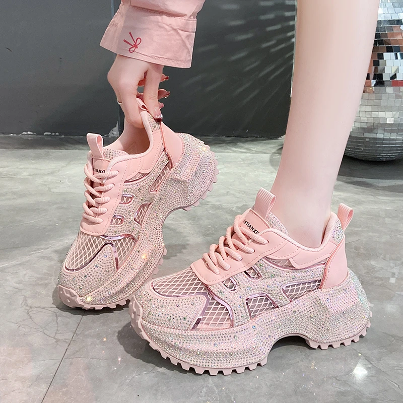 

Luxury Designer Women's Shoes New Rhinestone Women's Sneakers Breathable Hollow Mesh Casual Platform Shoes Zapatos Mujer 7 cm