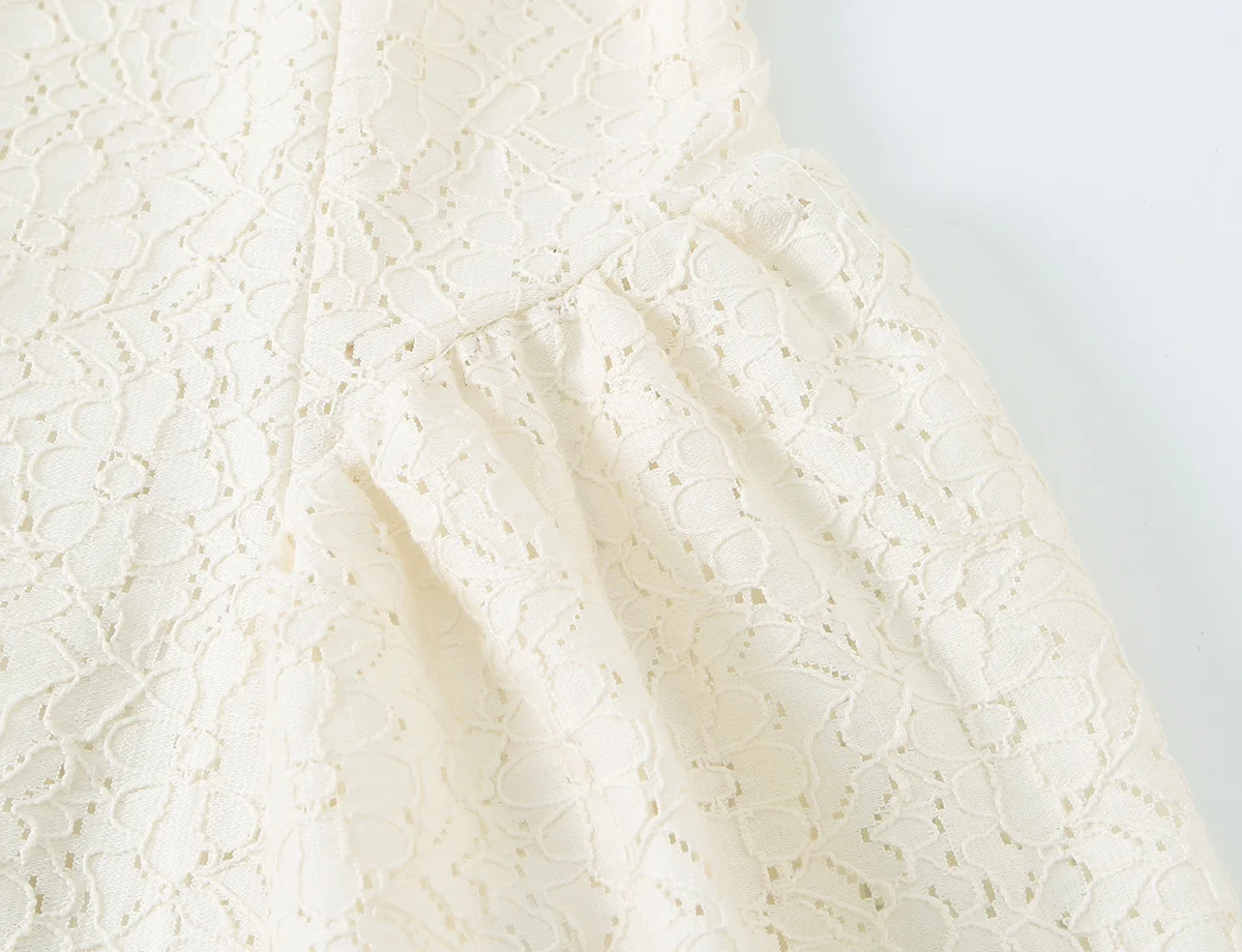 Elegantes Damen-Spitzen-Mini-A-Linien-Kleid, Modisches Lässiges Kurzarm-Kleid mit Knopfleiste, Süßes Damenkleid mit Rundhalsausschnitt in Unifarbe – Detail 7