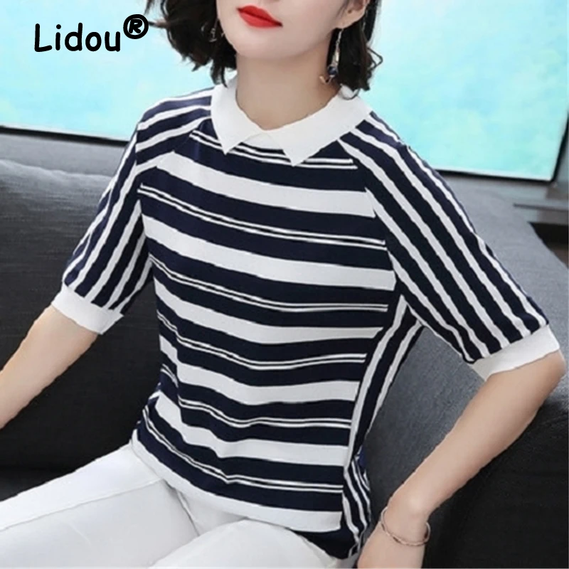 

Women's Clothing 2023 Summer Korean Fashion Striped Elegant Knitted T-shirts Short Sleeve Slim Pullover Knit Top Camisetas Mujer
