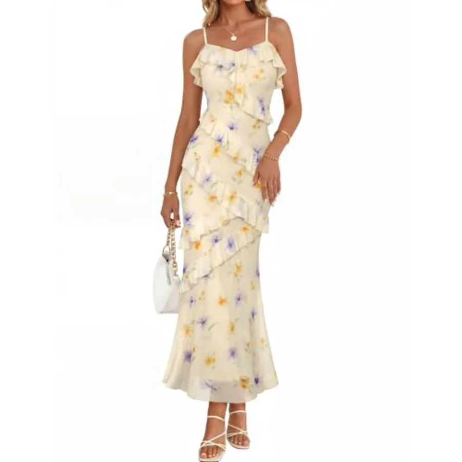 

MEROKEETY Summer Floral Wedding Guest Maxi Dress Women 2026 Vacation Formal Bodycon Spaghetti Strap Cocktail Party Long Dress