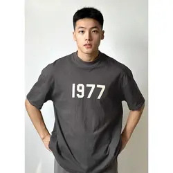 Koreaanse Eenvoudige Nummer 1977 Bedrukte Trendy Merk Katoenen Ronde Hals Heren Korte Mouwen T-Shirt Zomer High Street Veelzijdige Y 2K Top