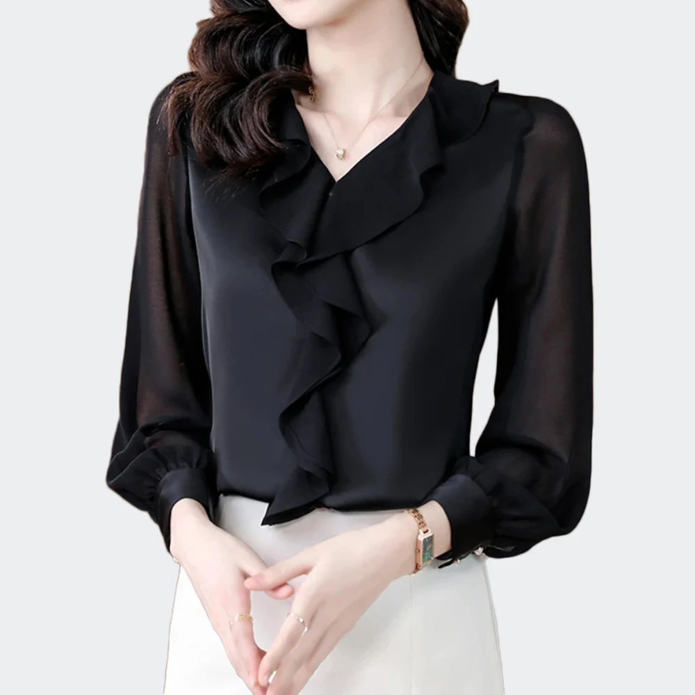 Fashion Ruffles Design Black Office Ladies Tops And Blouses Women 2024 Summer Casual Long Sleeve White Shirts Blusas Mujer