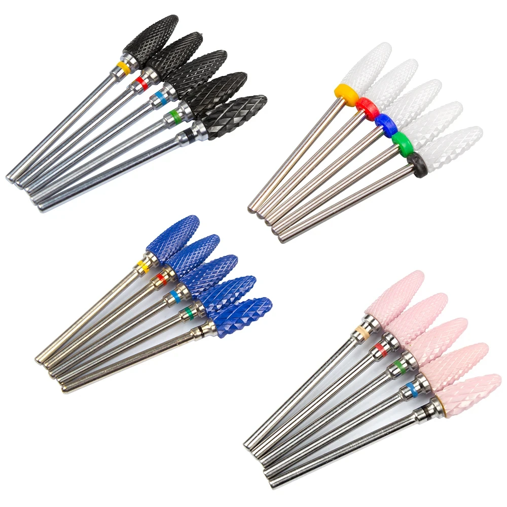 5pcs Ceramic Milling Cutter For Manicure Set Nail Drill Bit Mill Manicure Machine Pedicure Tools for Removing Gel File 3/32 Inch