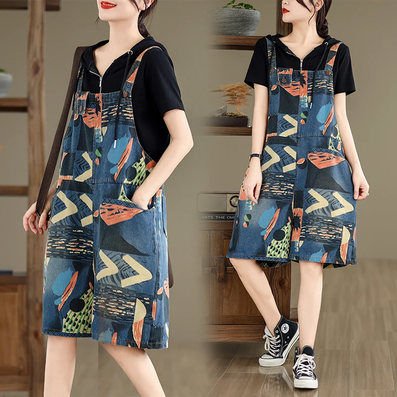 

Европейские джинсовые комбинезоны с принтом для женщин, летние, больших размеров, с широкими штанинами, высокой талией, укороченные, эксклюзивно онлайн