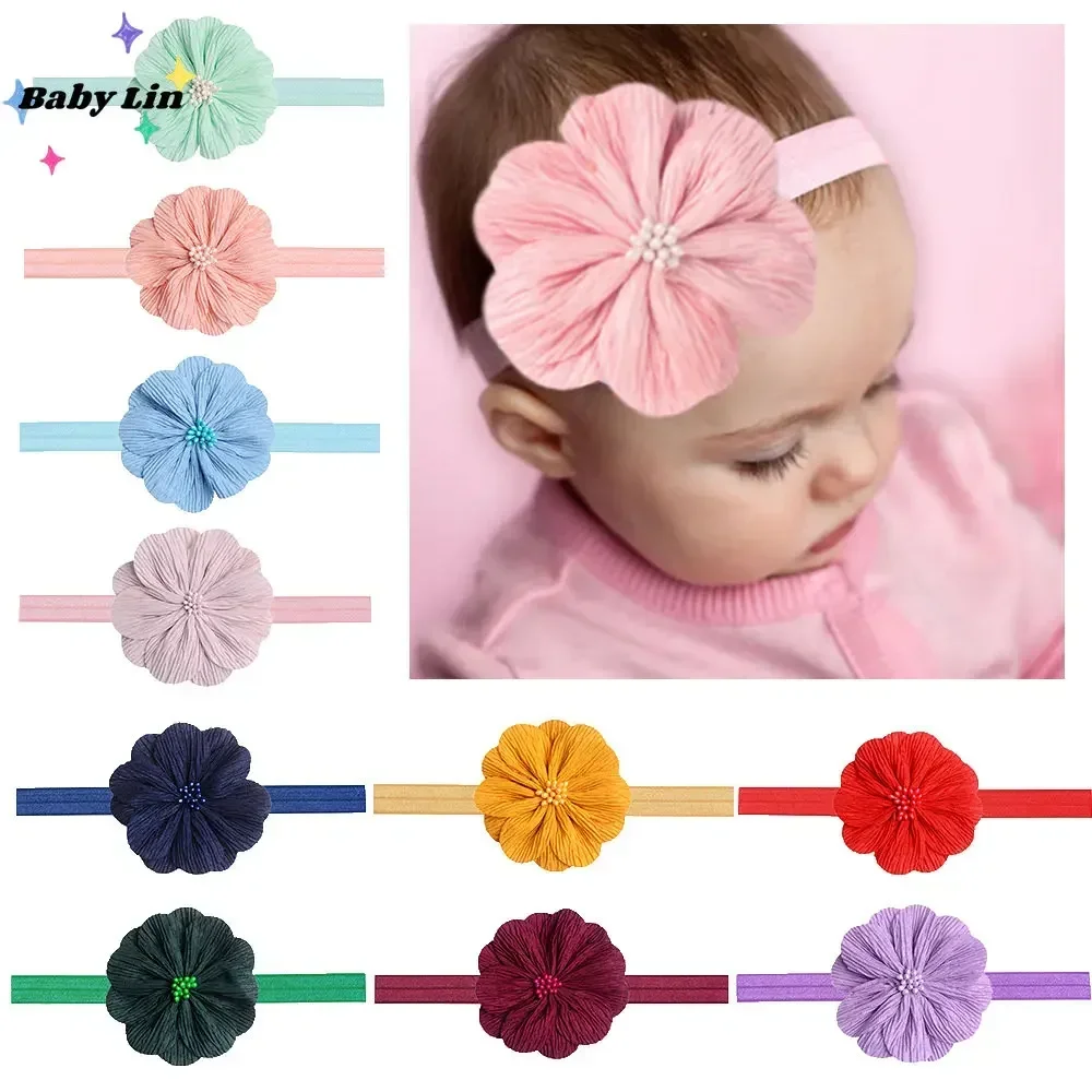 1 stücke 0-2y Baby elastische Blume Stirnband für Mädchen handgemachte einfarbige Haarband Perle Doppels chicht Blüte Haar Zubehör Geschenke