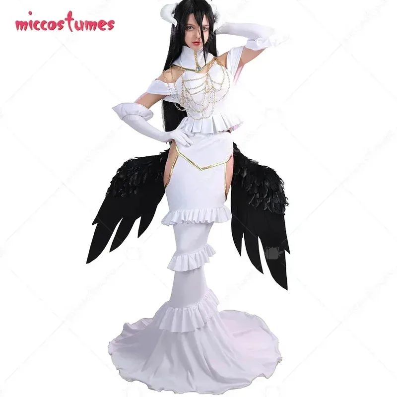 Miccostumes-Disfraz de Anime Albedoo para mujer, conjunto de falda recortada y Top blanco con hombros descubiertos
