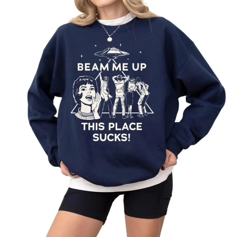 

Autumn and Winter Beam Me Up This Place Sucks Stranger Long Sleeve Sweatshirt Alien UFO Abduction Retro Quote Matching Hoodies