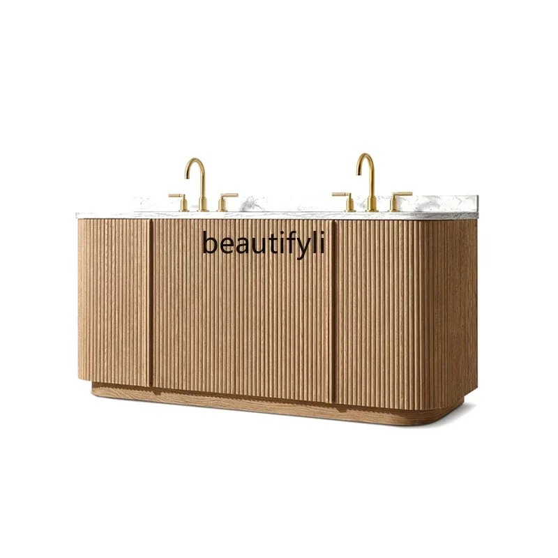 

Rounded corner bathroom cabinet Oak arc grille board bathroom double basin hand wash face cabinet floor cabinet