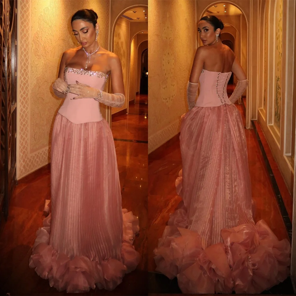 

Customized Simple Pink Tulle Evening Dress Modern Strapless Detachable Sleeve Homecoming Dress Luxury Special Occasion