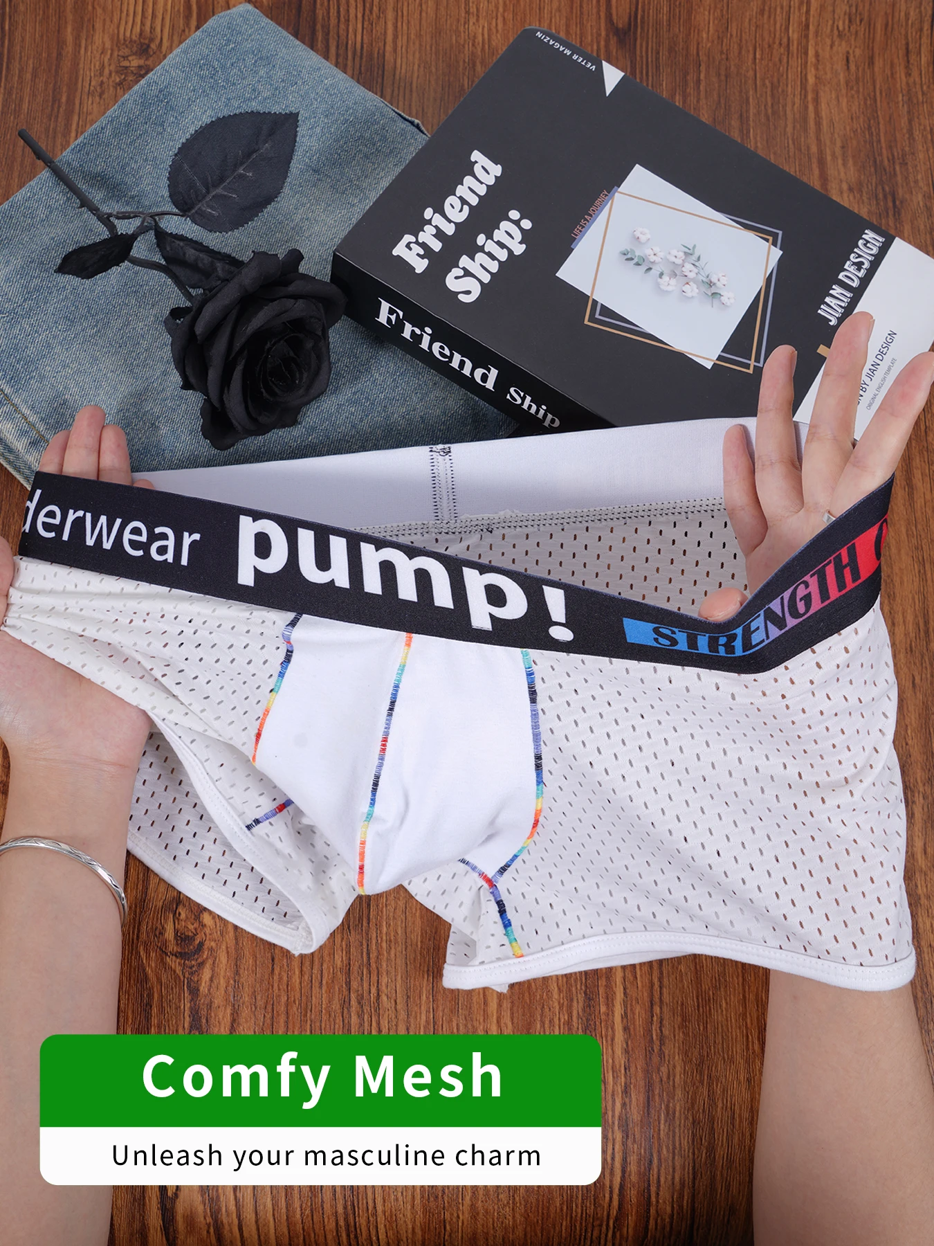 

Мужской PUMP! Сетчатые трусы-боксеры с U-образным выпуклым карманом, радужной строчкой, эластичным поясом, дышащие, быстросохнущие