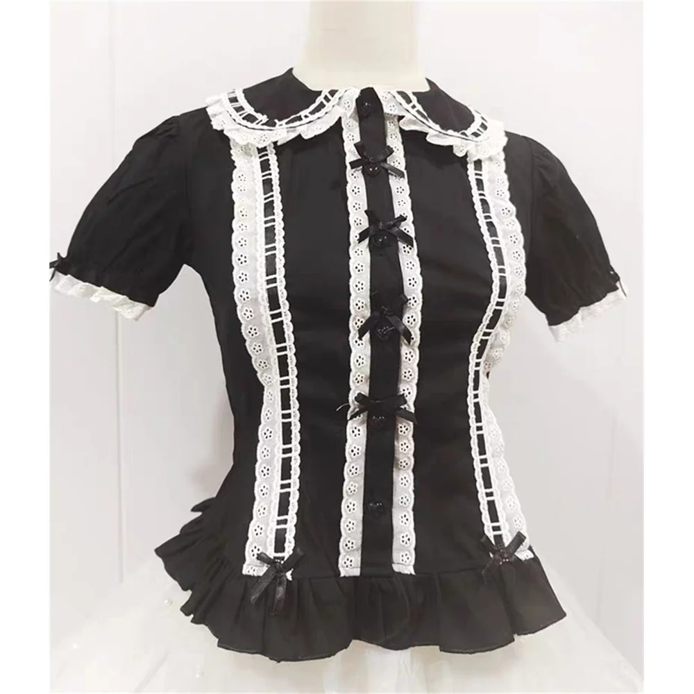 Preppy Stijl Leuke Peter Pan Kraag Kanten Ruches JK Shirts Lolita Shirt Vrouwen Boog Slanke Blouses Meisje Bladerdeeg Mouw Blusas Mujer Tops