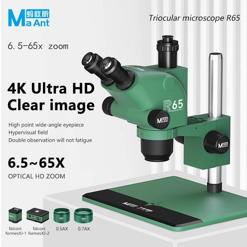 MaAnt R65 0.65-6.5X microscopio trioculare con Zoom ottico con oculare da campo regolabile WF 10X/23 di grandi dimensioni per la riparazione della