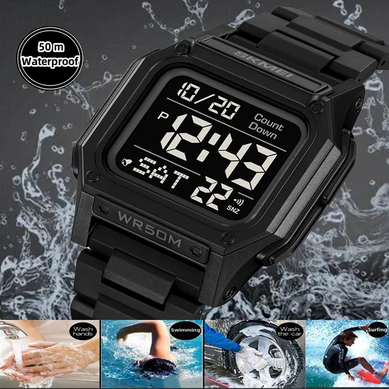 Skmei 5 Bar Waterproof Fashion Men\'s Sports Watch Dual Time Zone 12 24 Hour Format LED Light Digital Wristwatch Male Alarm Clock