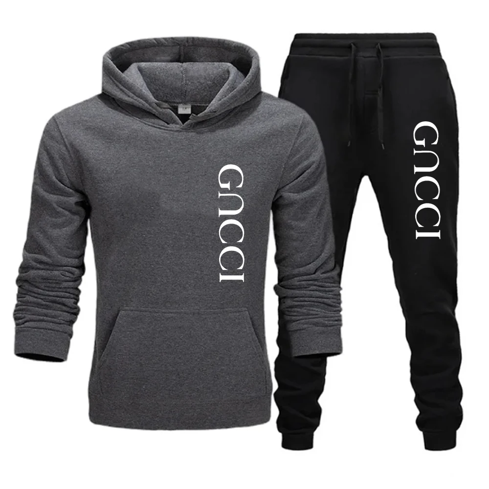 2024 Men\'s Casual Jogging Sportswear Set Hoodie and Black Sweatpants Rubberized Jacket Fashion Sports Winter Warm 2 Piece Set