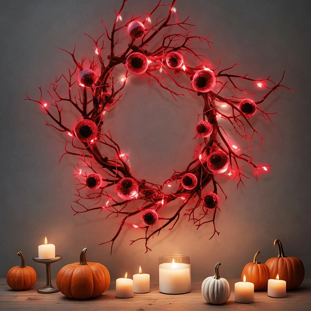 

45cm Halloween Wreath Black Eye Wreaths With Red LED Light Wreaths For Doors Flower Garland Halloween Decoration