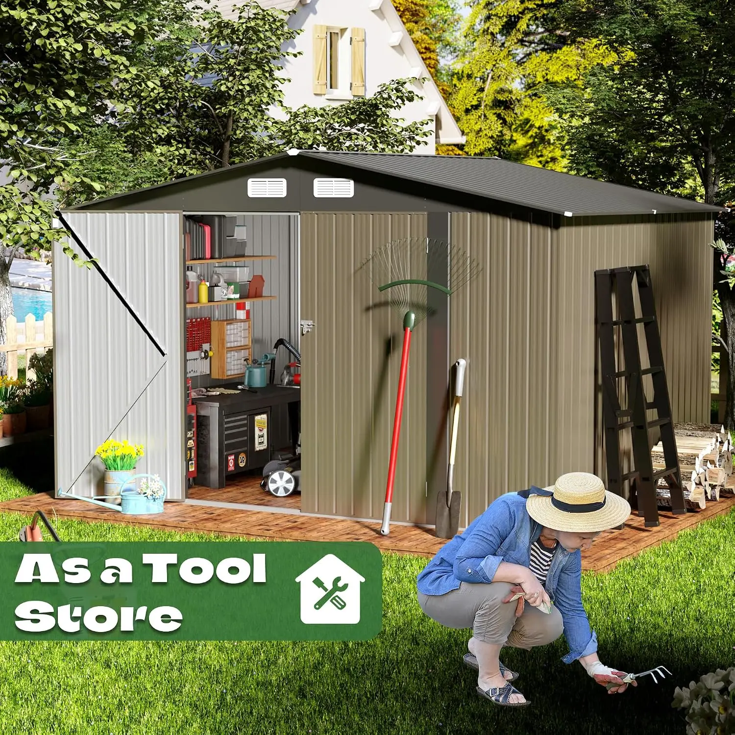 8' x10' Outdoor Metal Storage Shed, Outdoor Metal Shed, All-Weather Resistant Steel Garden Shed with Double, Customized