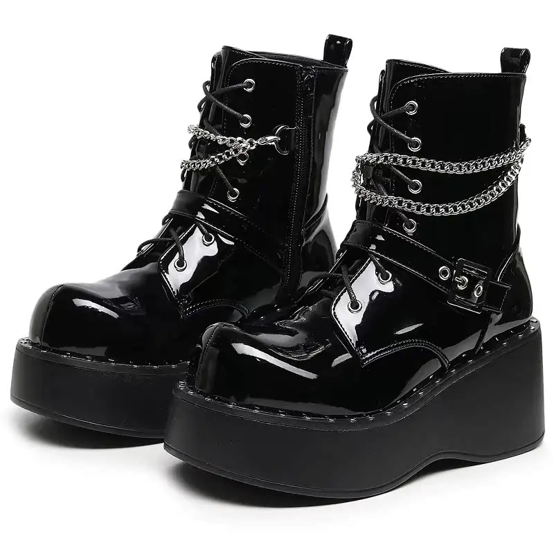 Black Lolita Shoes Goth Punk Platform Shoes Y2k Subculture High Boots Waterproof Chain Boot Women