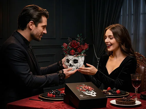 Idea Gothic Baustein Rote Rose Skelett Spielzeug Schädel Blumentopf Konstruktionsbaustein Schreibtisch-Deko Modell-Sets Sammlerstücke für Geschenke – Detail 1