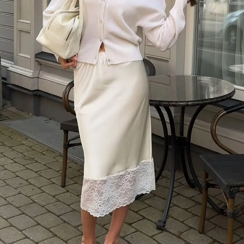 2025 New White Lace Patchwork Slim Skirts Fashion Long Half-length Skirt Luxury Y2k Party Looks Vintage Casual Women Skirts