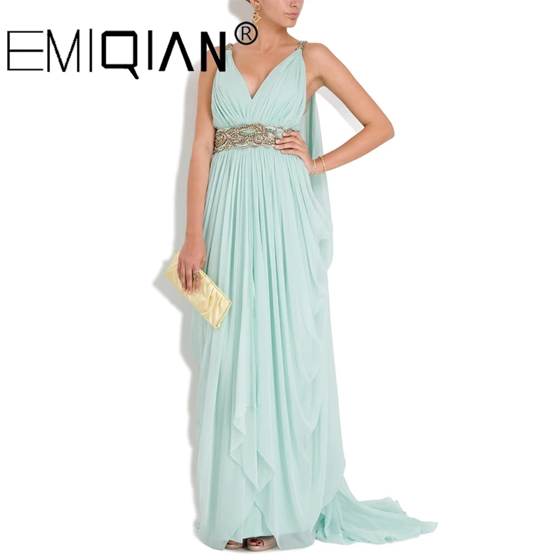 V Neck Backless Long Chiffon Pageant Dresses,Gold Beaded Evening Dresses,Formal Evening Gowns