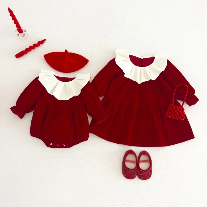 2026 New Girls' Red Dress Baby Petal Collar Holiday Long Sleeved Princess Dress