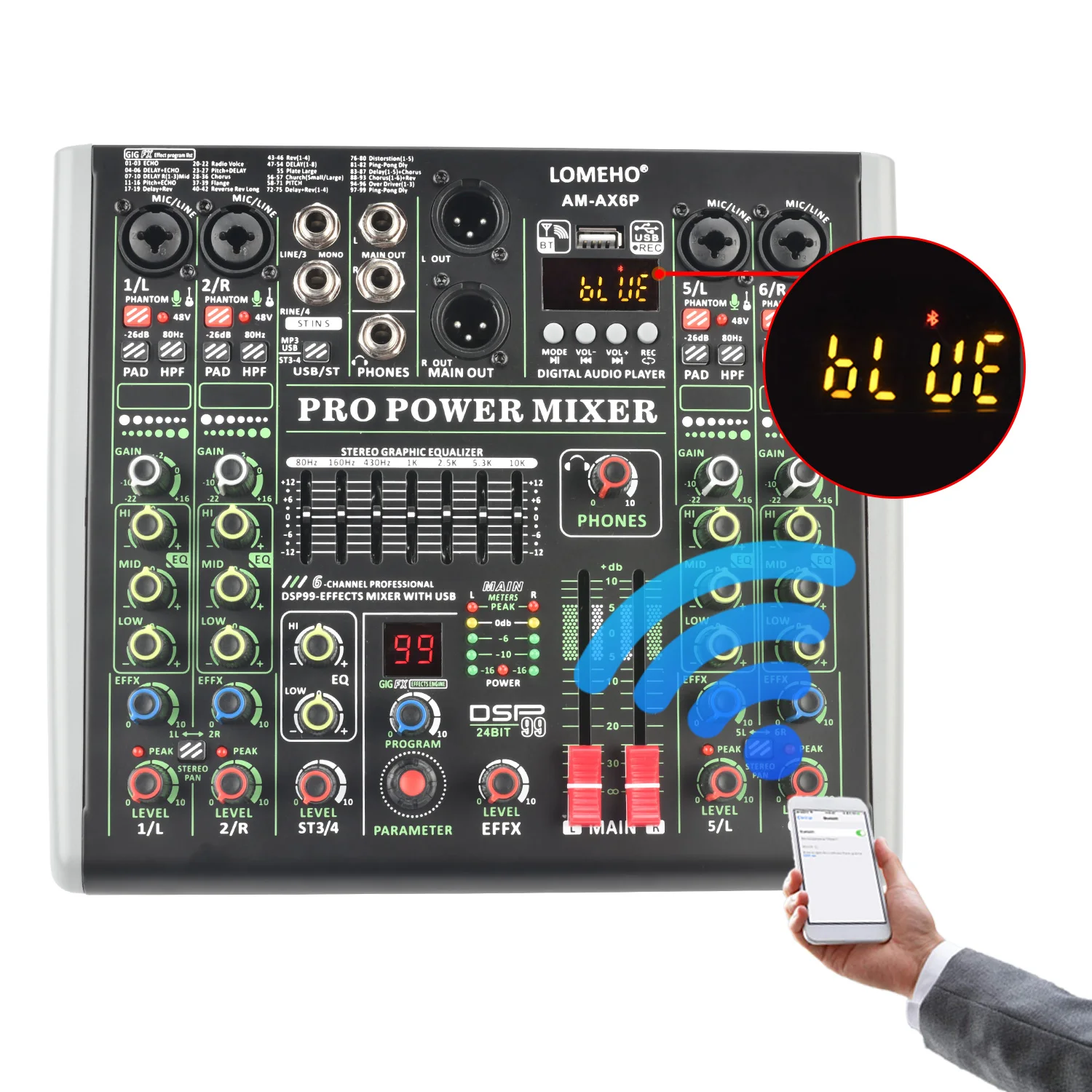 Imagem -02 - Lomeho-amplificador de Potência Integrado Canais Mixer de Áudio Bluetooth Efeito 99 Dsp 48v Usb Console de Gravação pc Am-ax6p 100w