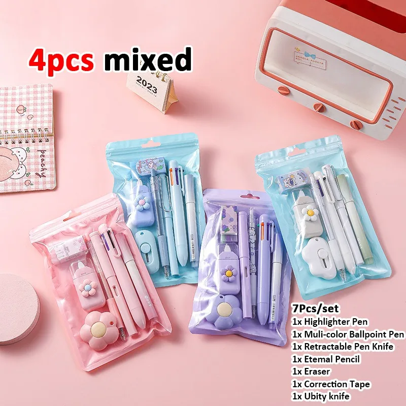 7-in-1 Stationery Set Birthday Present Back to School Gift Pencil Eraser Students Prize School Office Correction Tape Kids