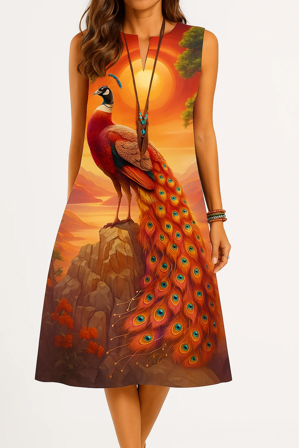 Women's kurt fashionable and elegant long sleeved straight tube casual V-neck peacock pattern new comfortable dress