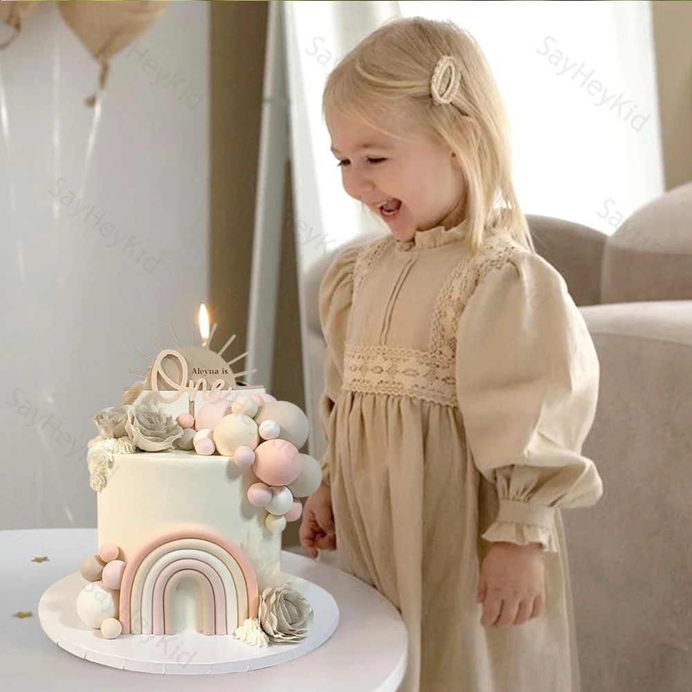 Boho Rainbow Cake Toppers Khaki Pink Balls Cake Decoration DIY Bohemian Wedding Baby Shower Girls Birthday Party Supplies