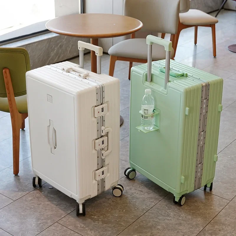 Bagagem de rolamento Mala de viagem Mala de alumínio Trolley, Mala do estudante, Grande capacidade de embarque com porta-copos, novo design