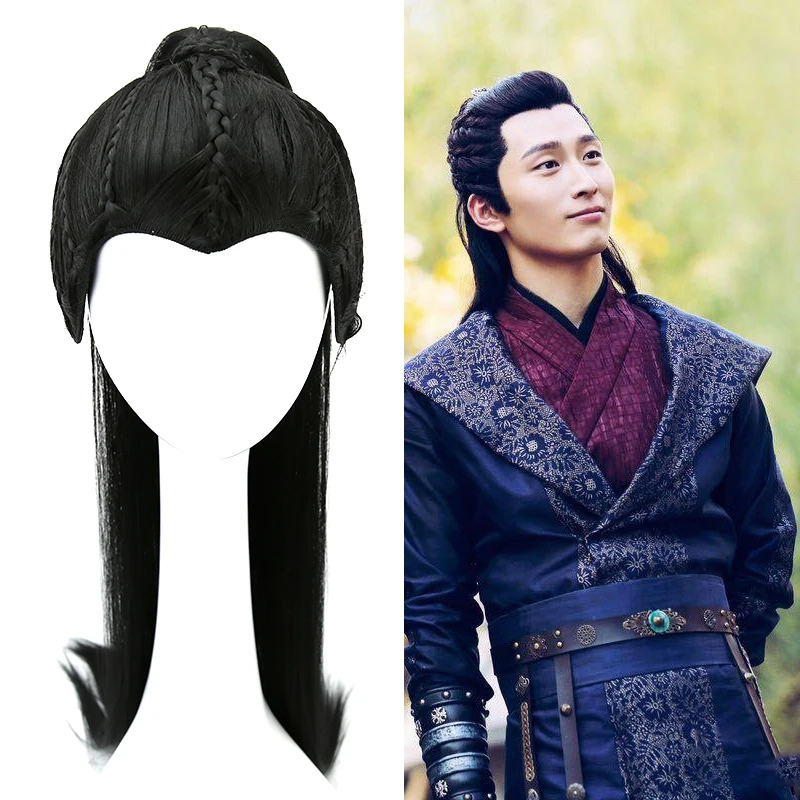 

ancient Chinese Style Hair for Men Warrior Long Straight Black Cosplay hair Swordsman accessories For Halloween party TV play