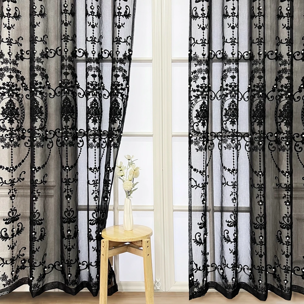 European Luxury Lace Pearl Embroidery Black Sheer Curtain for Living Room Fashion Nordic Geometric Window Screen Cortains