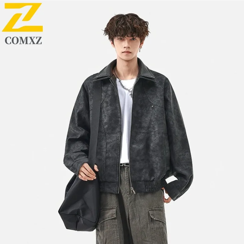 

COMXZ весенне-осенняя куртка из искусственной кожи, мужская мотоциклетная куртка для верховой езды, американская уличная винтажная кожаная корейская повседневная куртка