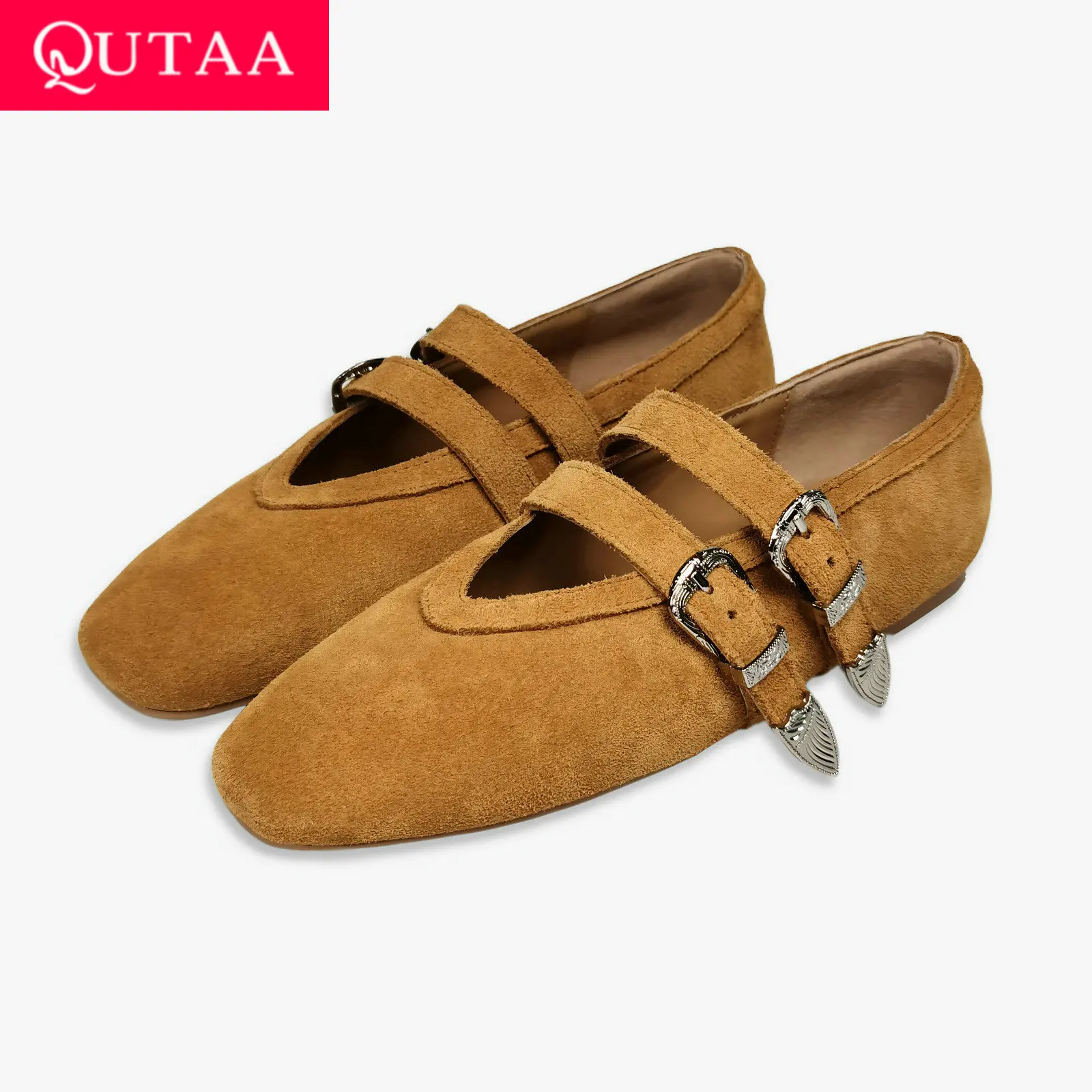 QUTAA 2025 News Fashion Women Flats Shoes Genuine Leather Spring Ballet Round Toe Casual Pumps Metal buckle Shoes Woman 34-43