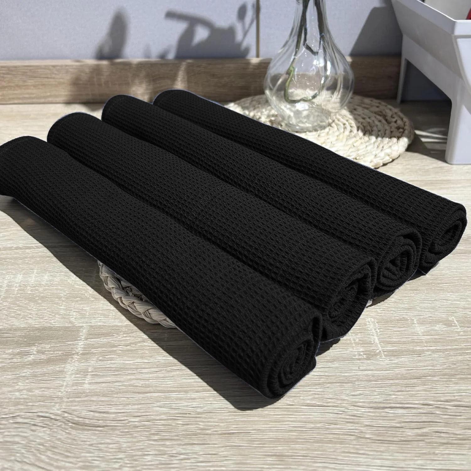 4Pcs, 40Cm×60Cm, 100% Polyester Black Waffle Kitchen Towels, Super Soft and Highly Absorbent Dishcloths, Cleaning Cloths, Kitchen Decor, Living Room Decorations, Kitchen Essentials, Home Essentials.