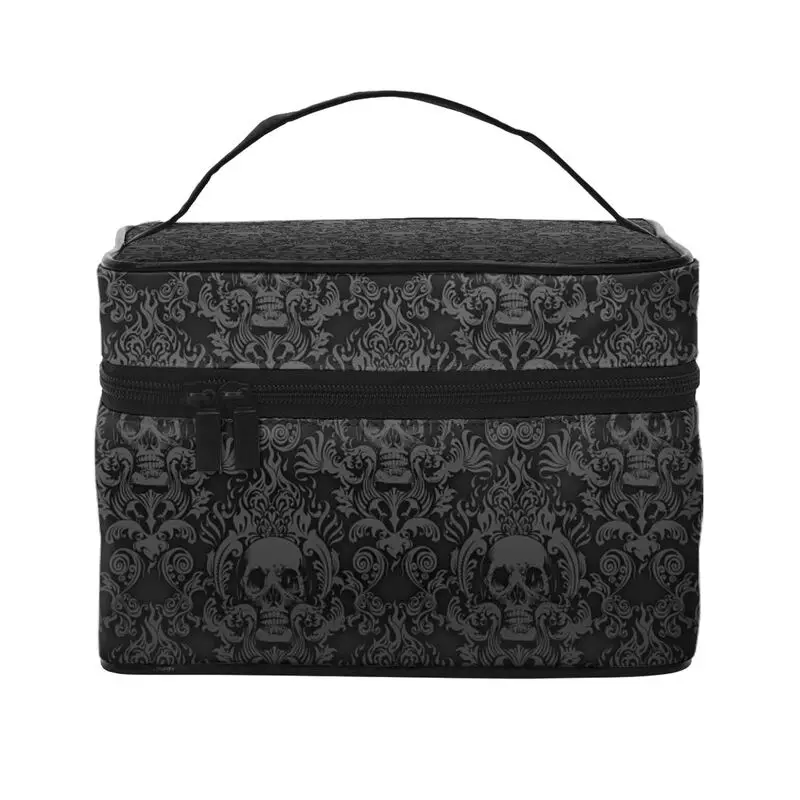 Gothic Black Skull Damask Pattern Large Makeup Bag Carrying Portable Zip Toiletry Bags Cosmetic Cases Gift for Girls Women