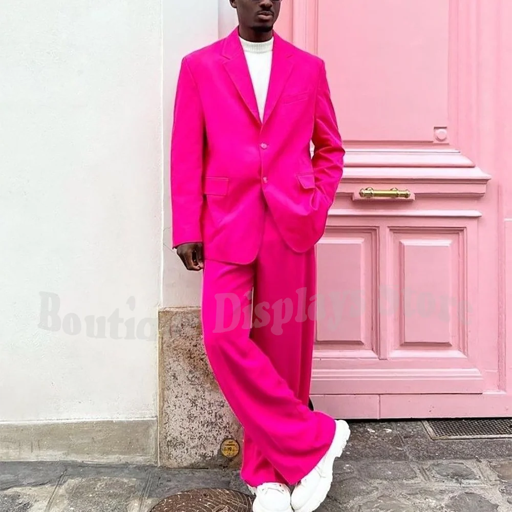 

High Street Style Men Suit Two Pieces(Jacket+Pants) Loose Casual Notched Lapel Single Breasted Blazer Set Club Party Male Outfit