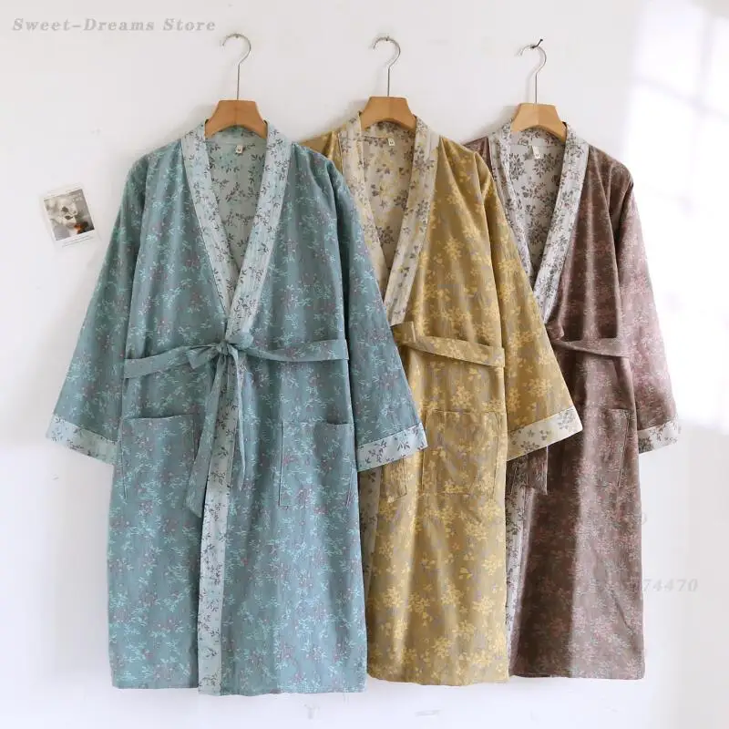 Men's Cotton Gauze Kimono Bath Robe Gown Female Print Home Dress Spring Summer New Sleepwear Nightgown Loose Loungewear Lingerie