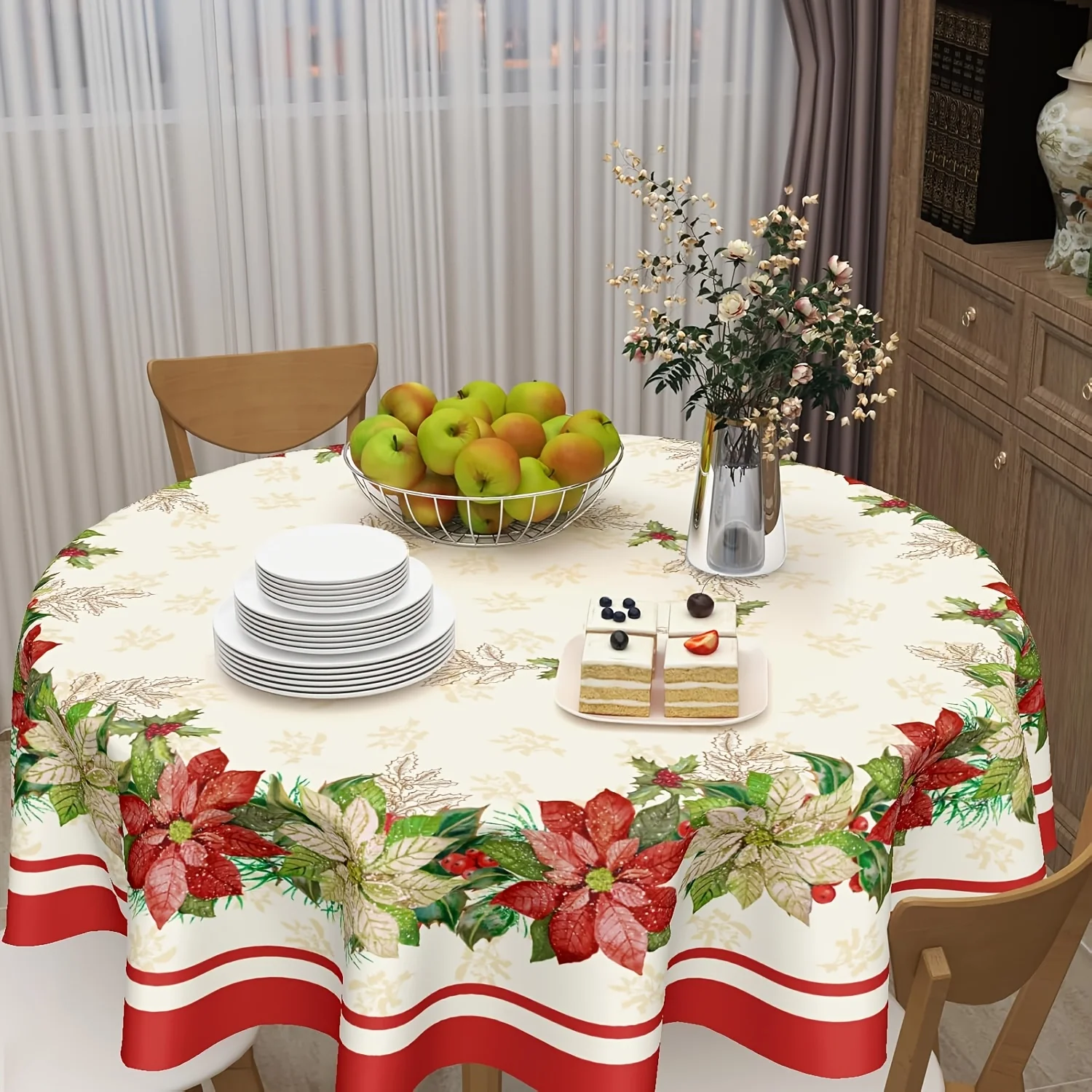 Christmas round tablecloth, red and white Christmas flower leaf tablecloth, winter Christmas farmhouse tablecloth