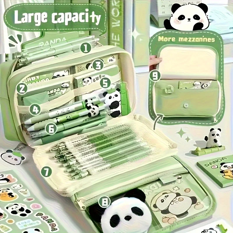 Panda Pencil Case Set - Panda Cosas - Student Stationery Organizer - Includes Panda Stickers and Pencil Box .