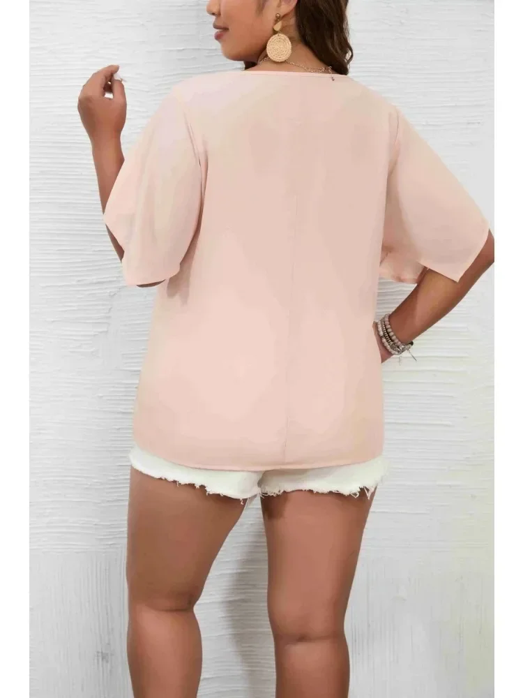 Plus Size 1XL-5XL Women's Solid Color  Short Sleeve Blouse V Neck Bell Sleeve Blouse Casual Pullovers Shirt Top image 4