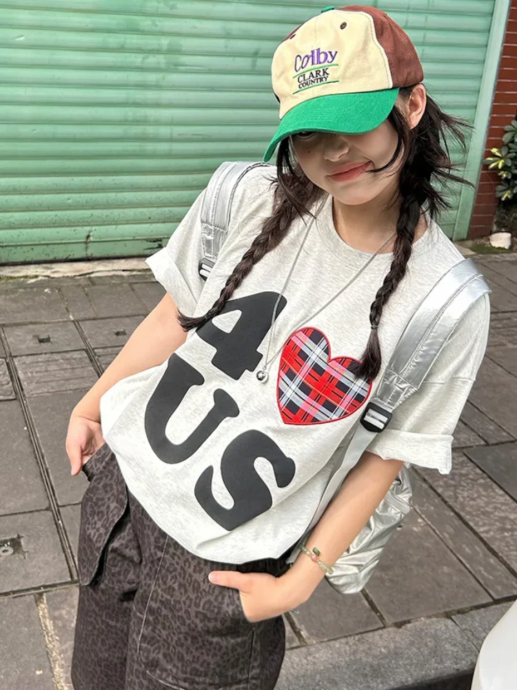 

ADAgirl Funny Heart Print T-shirts for Women Letter Graphic Short Sleeve Oversize Tee Shirt Female Cotton Aesthetic Clothes Chic