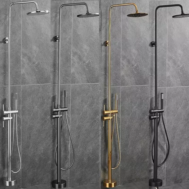 Outdoor Stainless Steel Shower Column Set Floor Standing Shower Faucet with Rain Spray Pattern for Swimming Pool Beach Bath