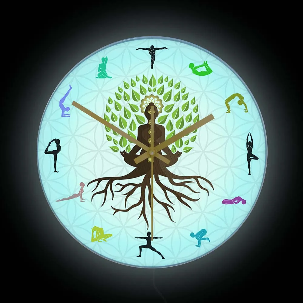 

Meditation Buddha LED Light Wall Clock For Yoga Studio Tree Of Life Wall Art Spiritual Home Decor Namaste LED Neon Light Clock