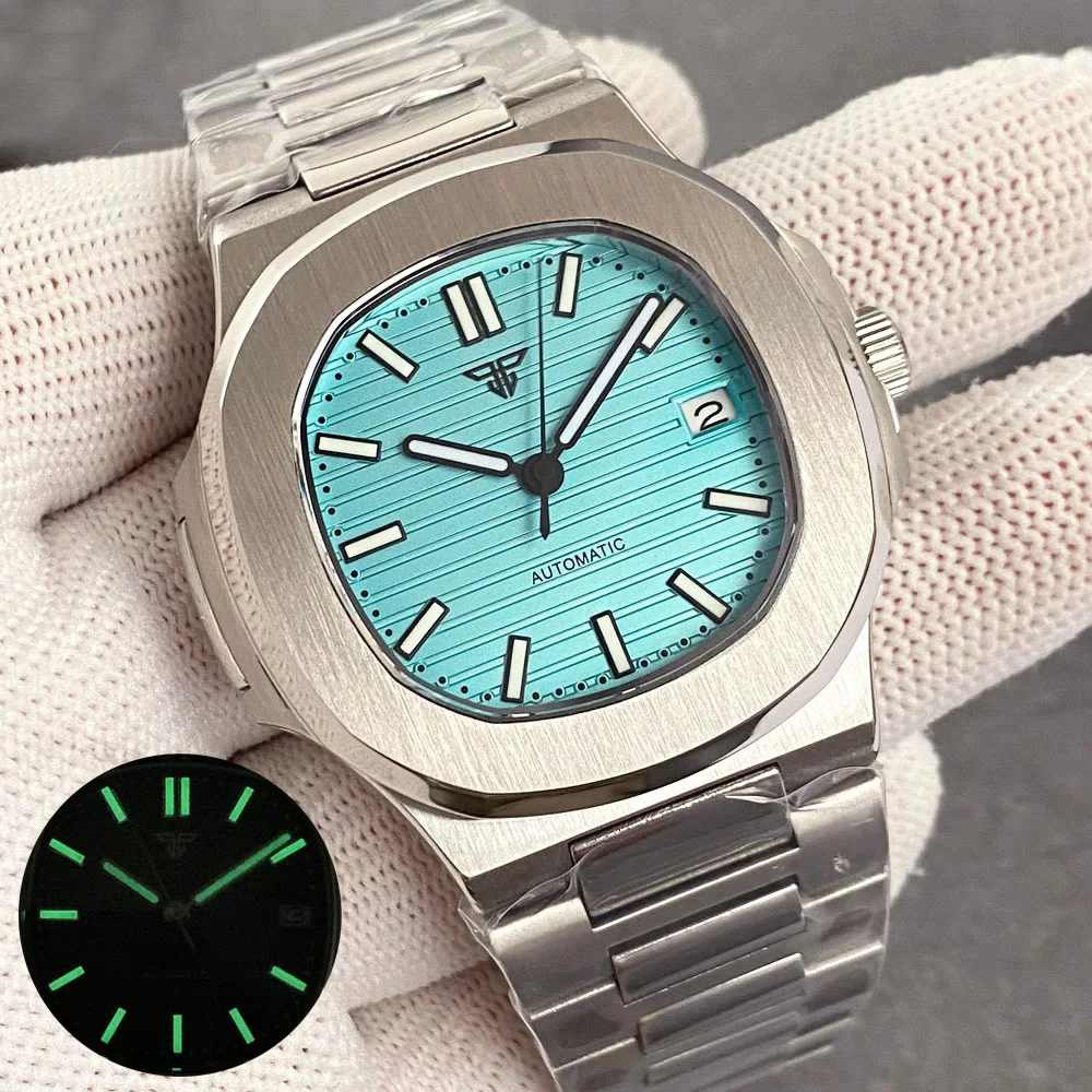 

NH35 Tandorio 100M Dive Automatic Watch For Men Square Case Sky Blue White Dial Green Lume Sapphire Stainless Steel Screw Crown