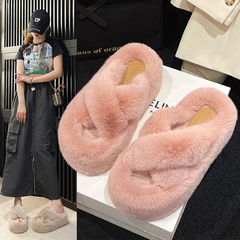 

Fashionable Versatile Warm Plush Cotton Slippers For Women 2023 Autumn/Winter New Arrival Style Cross Bottom Slippers