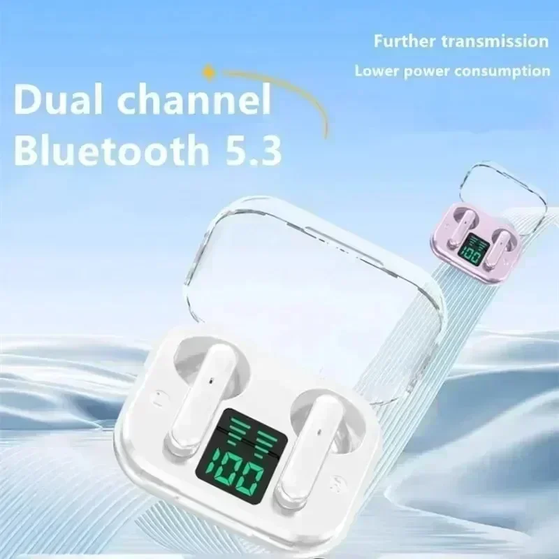 Wireless Bluetooth Headset Transparent ENC Headphones LED Power Digital Display Stereo Sound Earphones for Sports Working