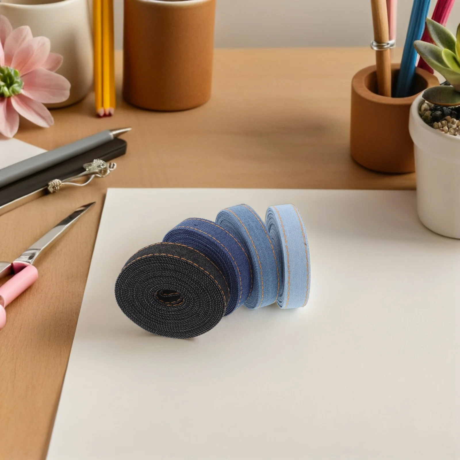 

4 Rolls Denim Ribbon Set Sturdy Jean Fabric Trim for DIY Craft Projects Hair Accessories Wedding Decorations Bow Making 3M